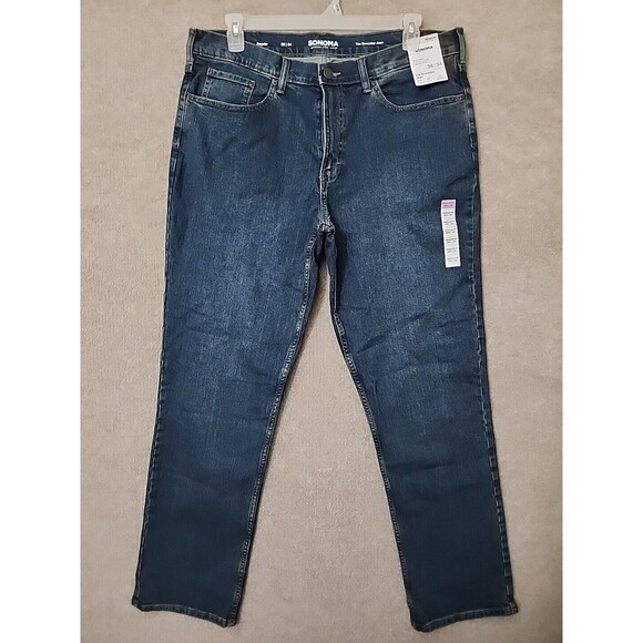 Sonoma Regular Fit Everyday Jeans Men 38x34 Blue Dark Wash Stretch Straight NEW